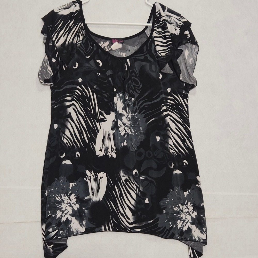Agenda Women Black White Gray Floral Abstract Print Tunic Top Shirt ptp: 19.5"